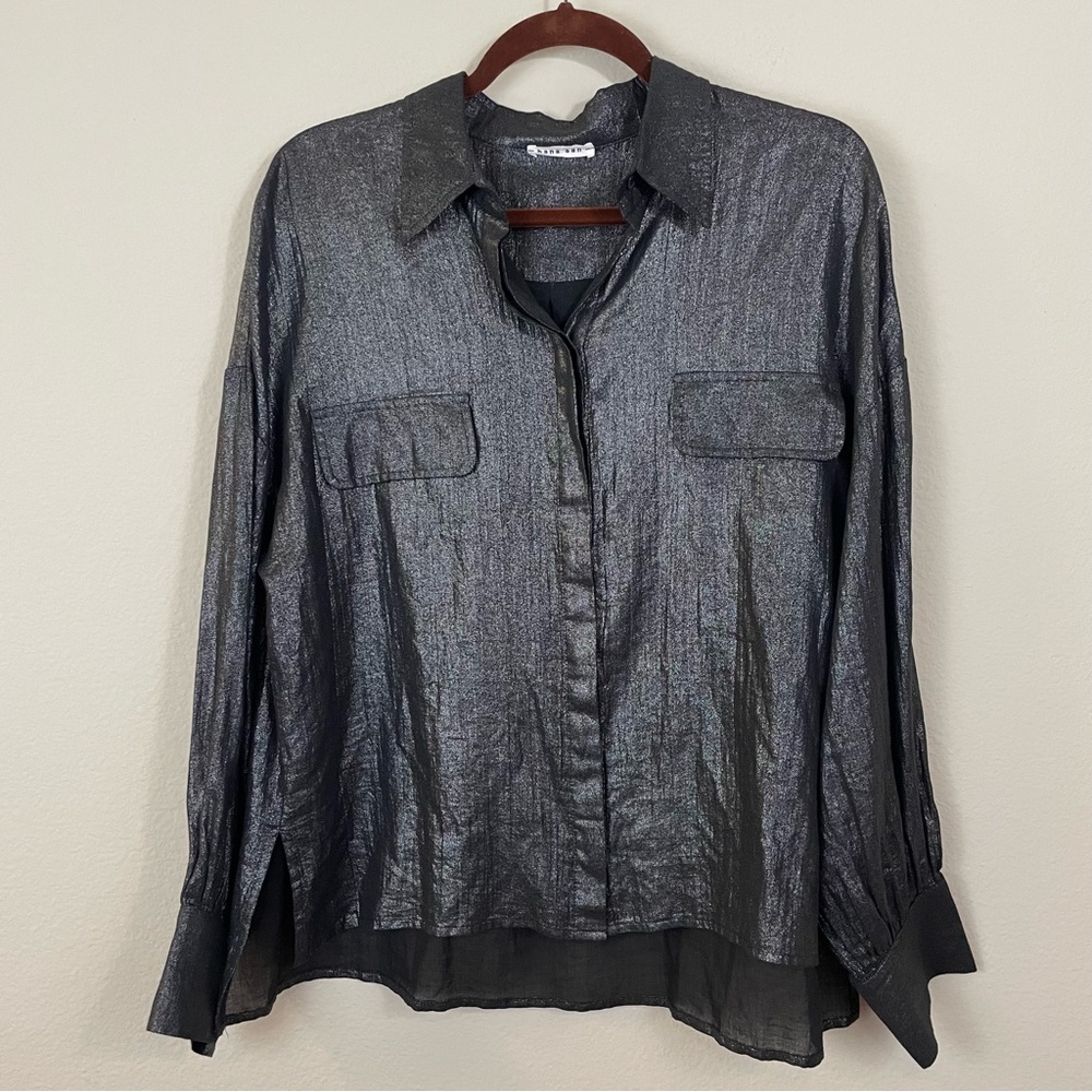 Hana San Metallic Black Utility Long Sleeve Button‎ Down Shirt Size 38/M